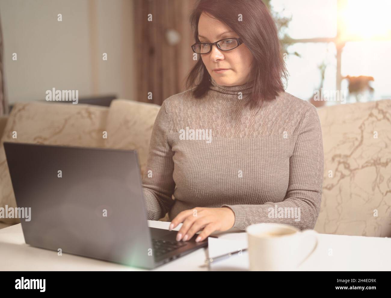 femme travaille sur un ordinateur portable à distance sur l'arrière-plan de l'intérieur du salon.Femme d'affaires de 30-40 ans assis sur un canapé à la maison et travaille o Banque D'Images