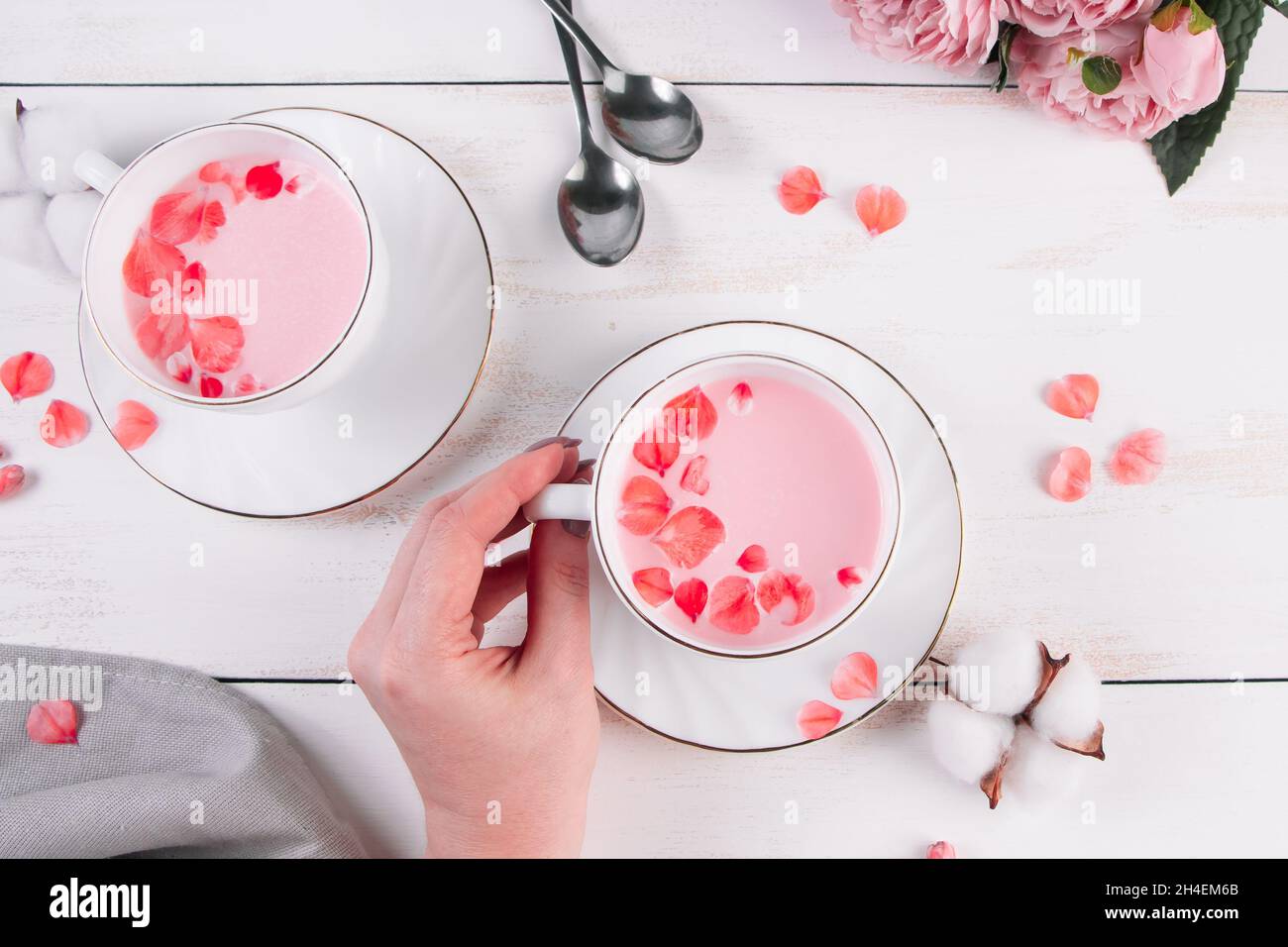Matcha rose avec pétales de rose sur fond blanc. La main féminine tient une tasse de thé végétalien tendance. Boisson relaxante dans le sommeil. Banque D'Images