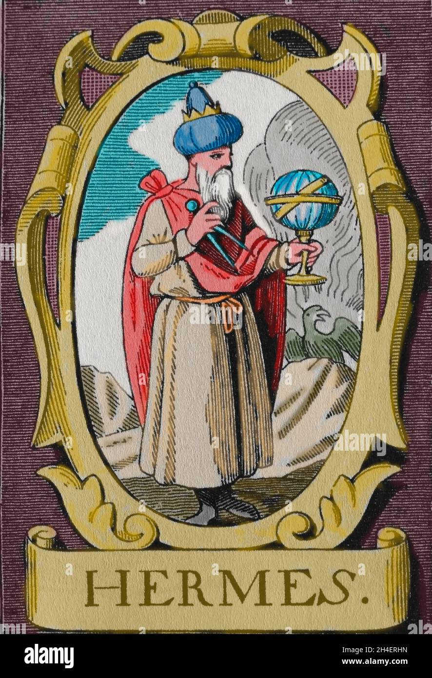 L'alchimiste Hermes Trismegistus.Figure hellénistique légendaire.Créateur d'alchimie.Gravure. Banque D'Images