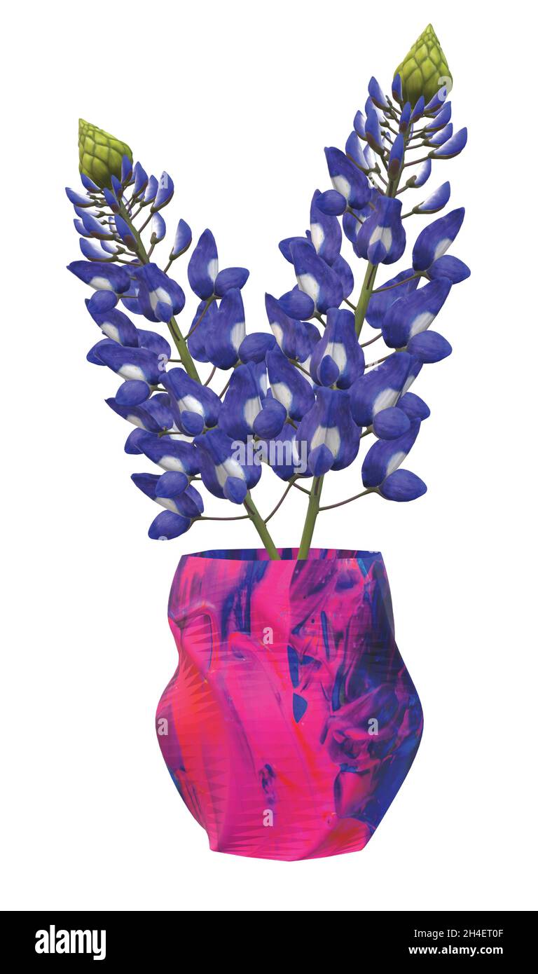 Fleurs à chapeau bleu dans un vase bleu rose fluo Illustration de Vecteur