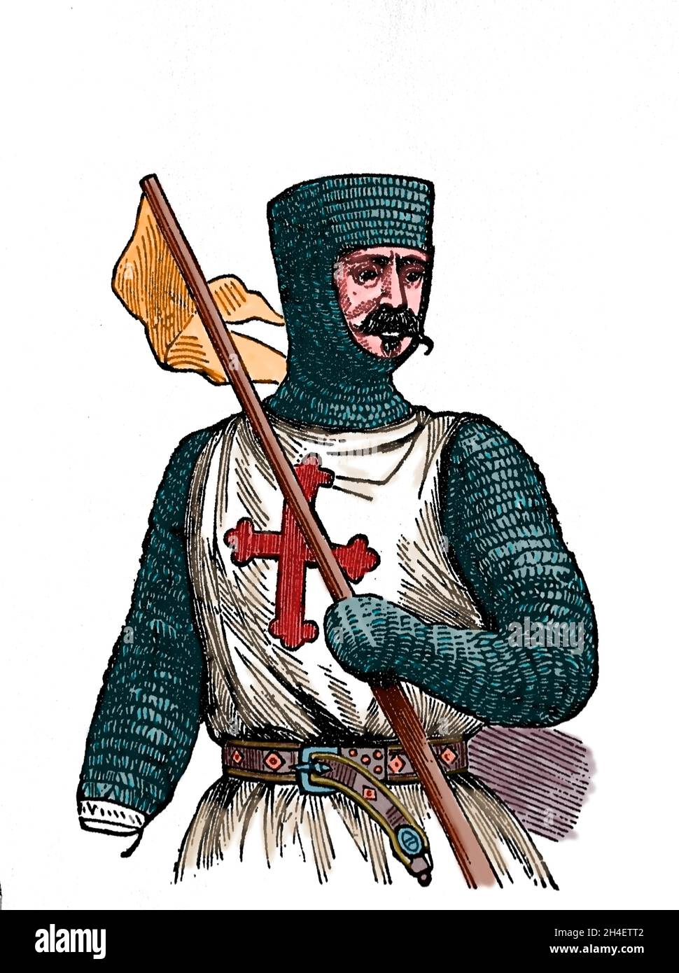 Chevalier du Temple avec son manteau blanc avec une croix rouge.xiie siècle.Gravure. Banque D'Images