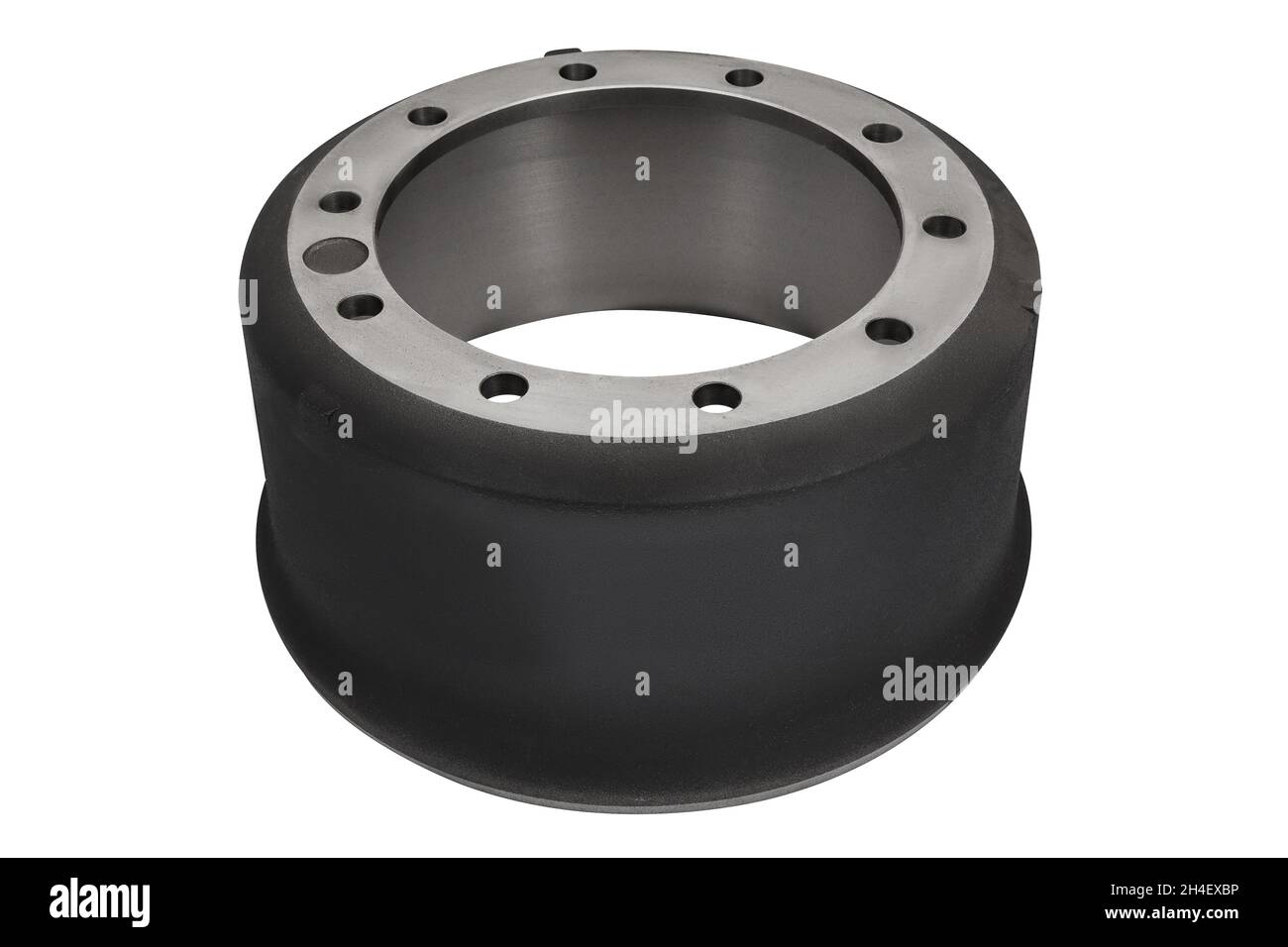 Tambour de frein du chariot isolé sur fond blanc.Détail du système de freinage d'un chariot. Banque D'Images