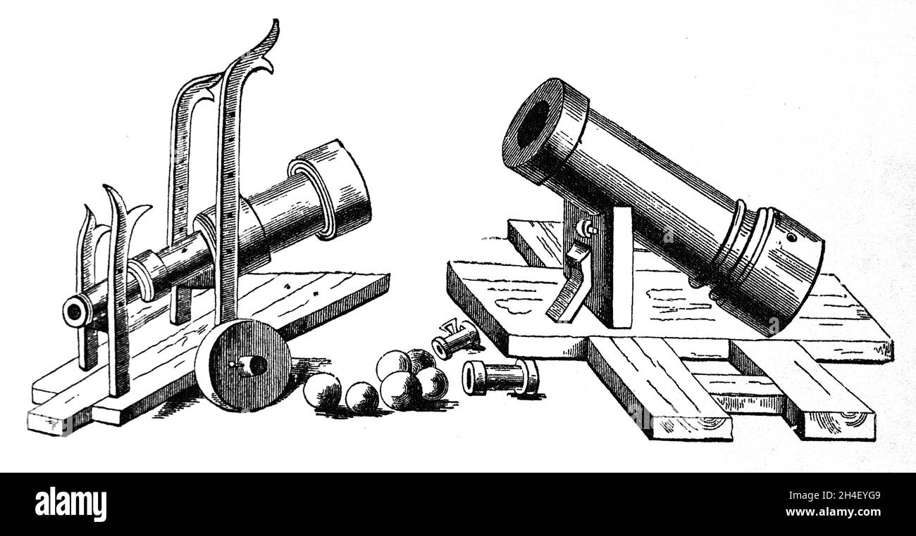 Moyen âge.Des bombardements sur des chariots fixes et roulants.Gravure, 19e siècle. Banque D'Images