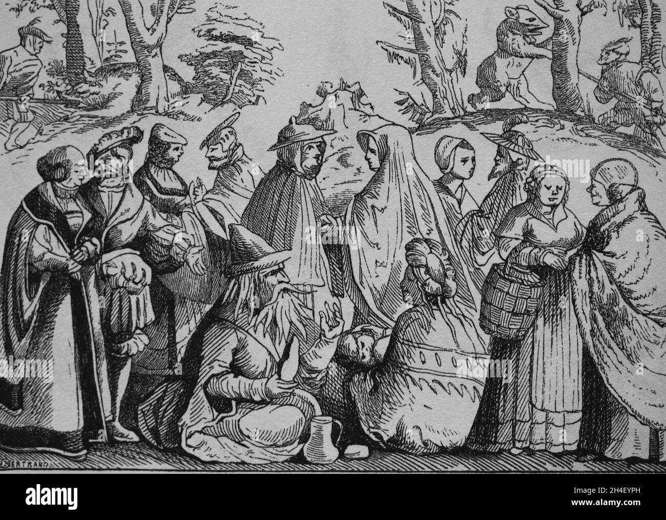 Romani et sa fortune.Gravure de Cosmographia universalis de Sebastian Munster.xvie siècle. Banque D'Images