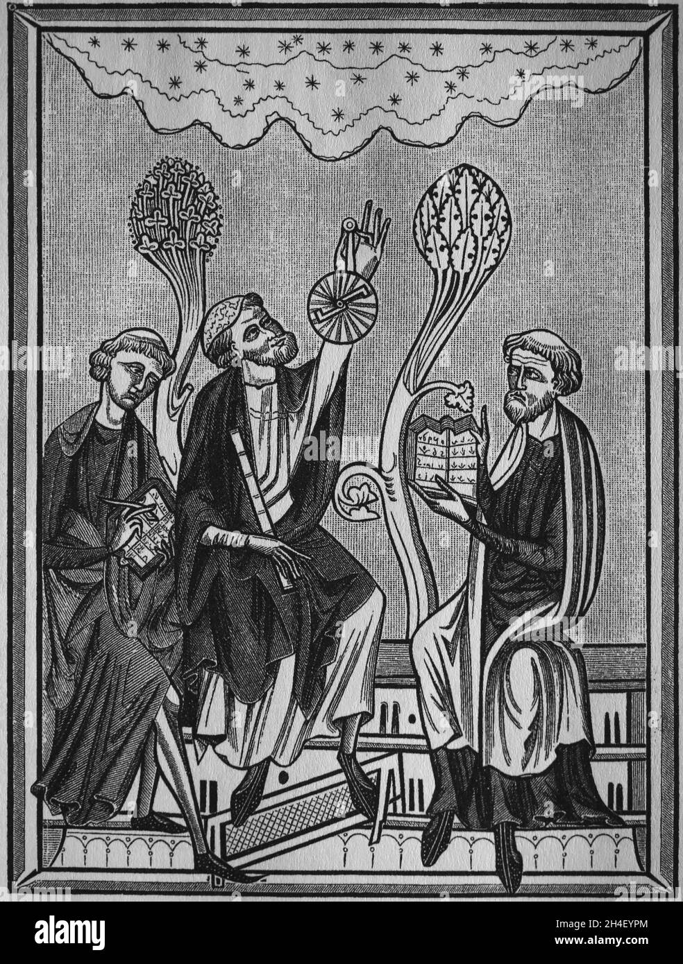 Leçon d'astronomie.La figure au centre utilise un astrolabe.Gravure, 19e siècle, à l'image d'une miniature du Braviary de Saint Luis, 13ème entrée. Banque D'Images