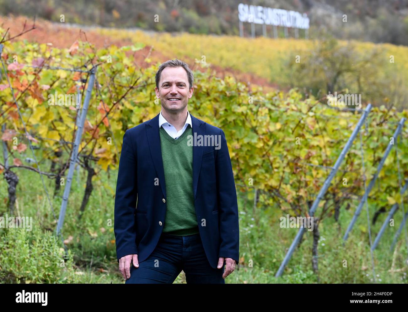 02 novembre 2021, Saxe-Anhalt, Bad Kösen: Philipp Kollmar, directeur général du domaine viticole de Kloster Pforta, est debout dans les feuilles des vignes de couleur automnale du vignoble de Bad Kösen.L'homme de 49 ans du Bade-Wurtemberg gère officiellement le domaine viticole depuis lundi (01.11.2021).Kollmar a répondu à un appel d'offres de la Landgesellschaft Sachsen-Anhalt et a reçu le contrat.Photo: Hendrik Schmidt/dpa-Zentralbild/ZB Banque D'Images