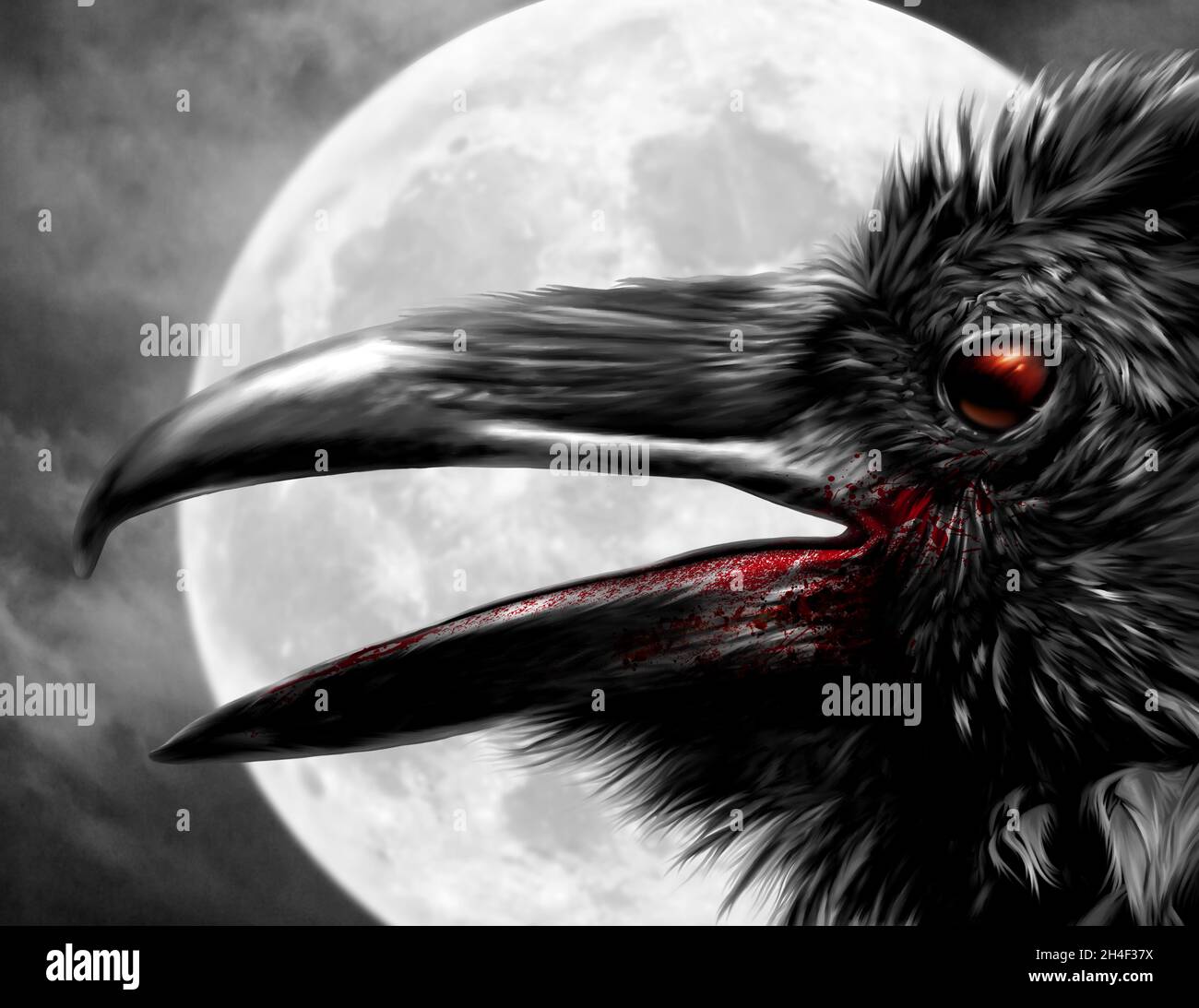 Corbeau avec œil rouge sous un ciel noir éclairé par une pleine lune.Cadre gothique. Banque D'Images