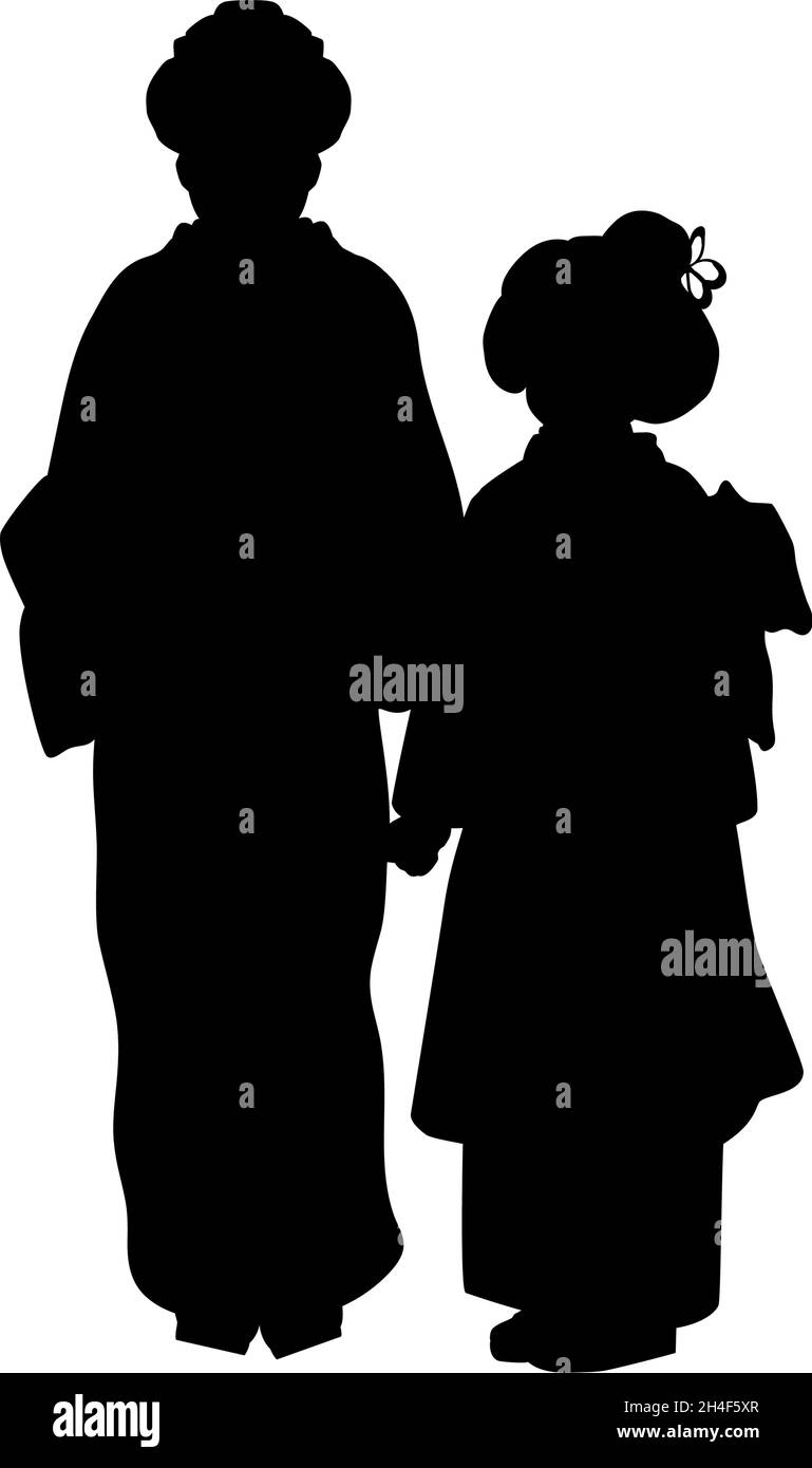 Silhouette de mère et de fille en costume national asiatique. Illustration de Vecteur