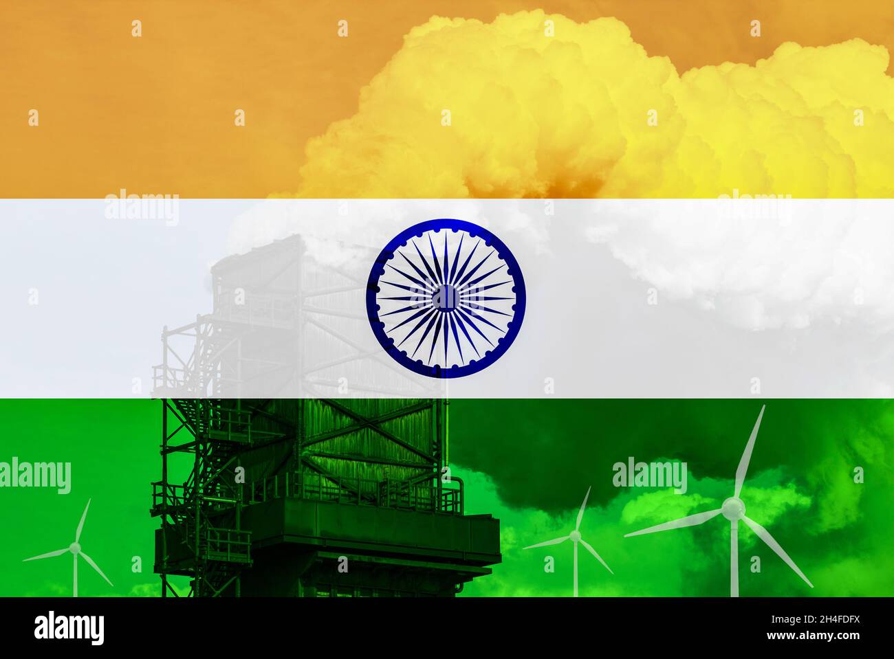 Drapeau de l'Inde avec des cheminées industrielles de la fumée et des éoliennes.Changement climatique, émissions de carbone, émissions nettes nulles 2070, réchauffement climatique... Banque D'Images