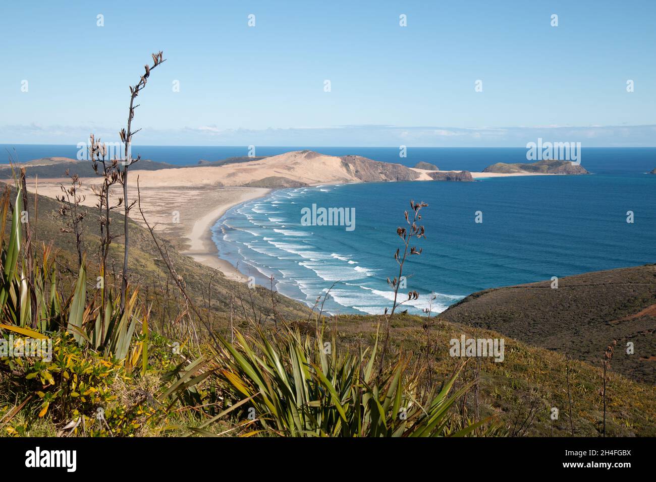 Vue sur Twilight Beach, Paengarēhia à Cape Reinga Banque D'Images