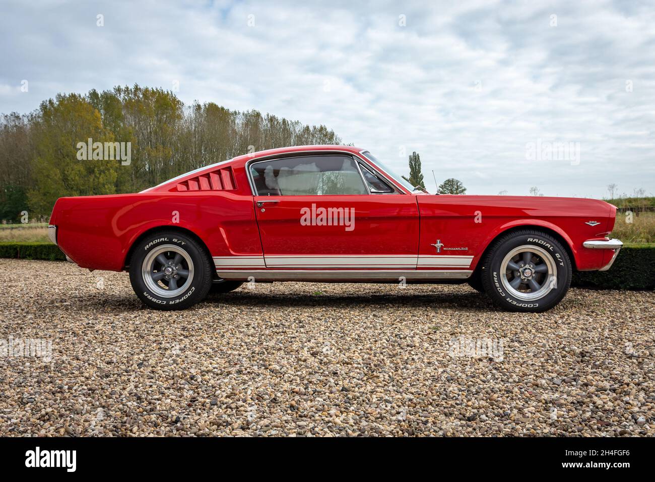 Brummen, province Gelderland, pays-Bas, 23.10.2021 vue latérale de la voiture classique Ford Mustang, première génération, en rouge à la Galerie Brummen Banque D'Images
