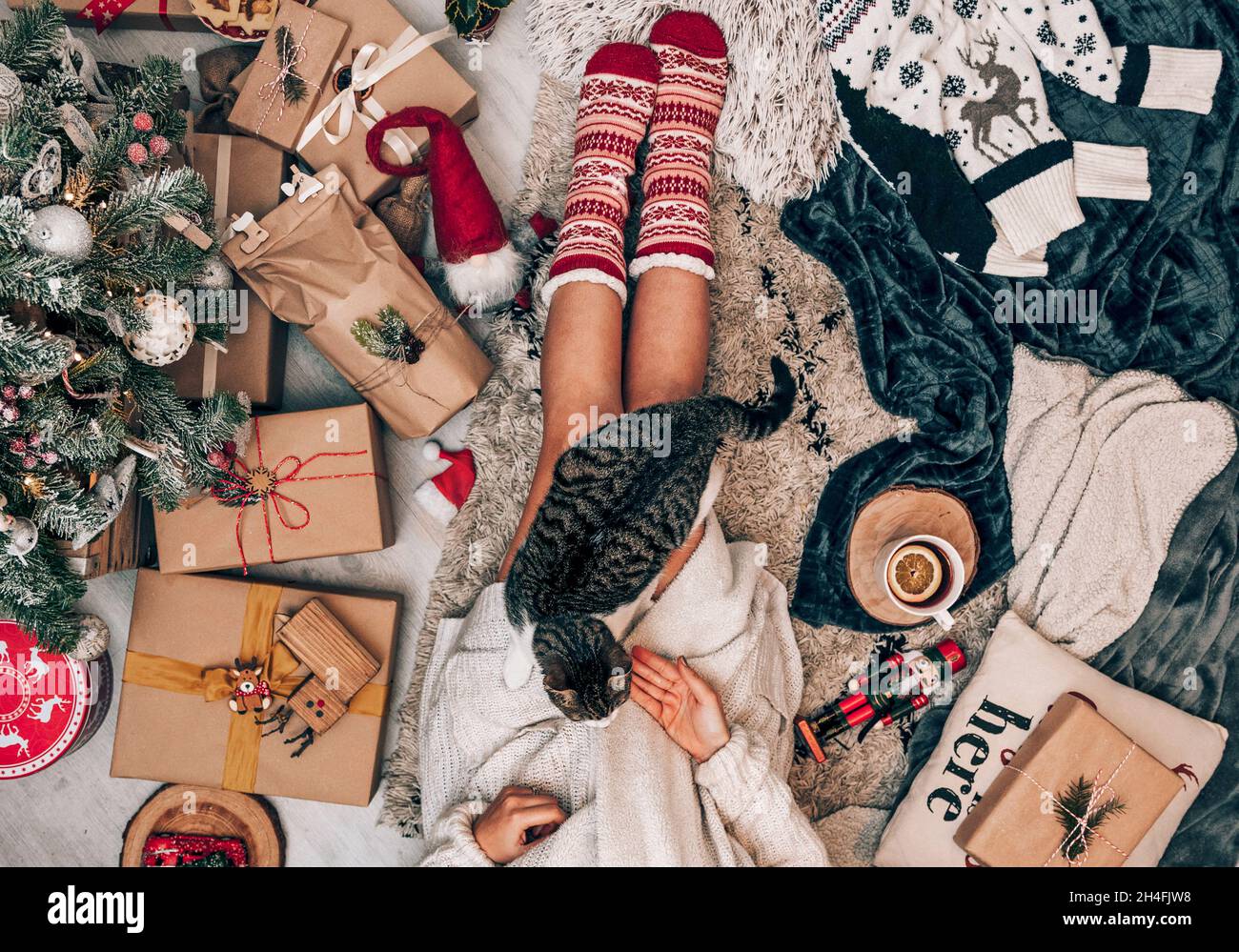 Photo de la femme assise par un arbre de chistmas décoré, en pétant un chat Banque D'Images