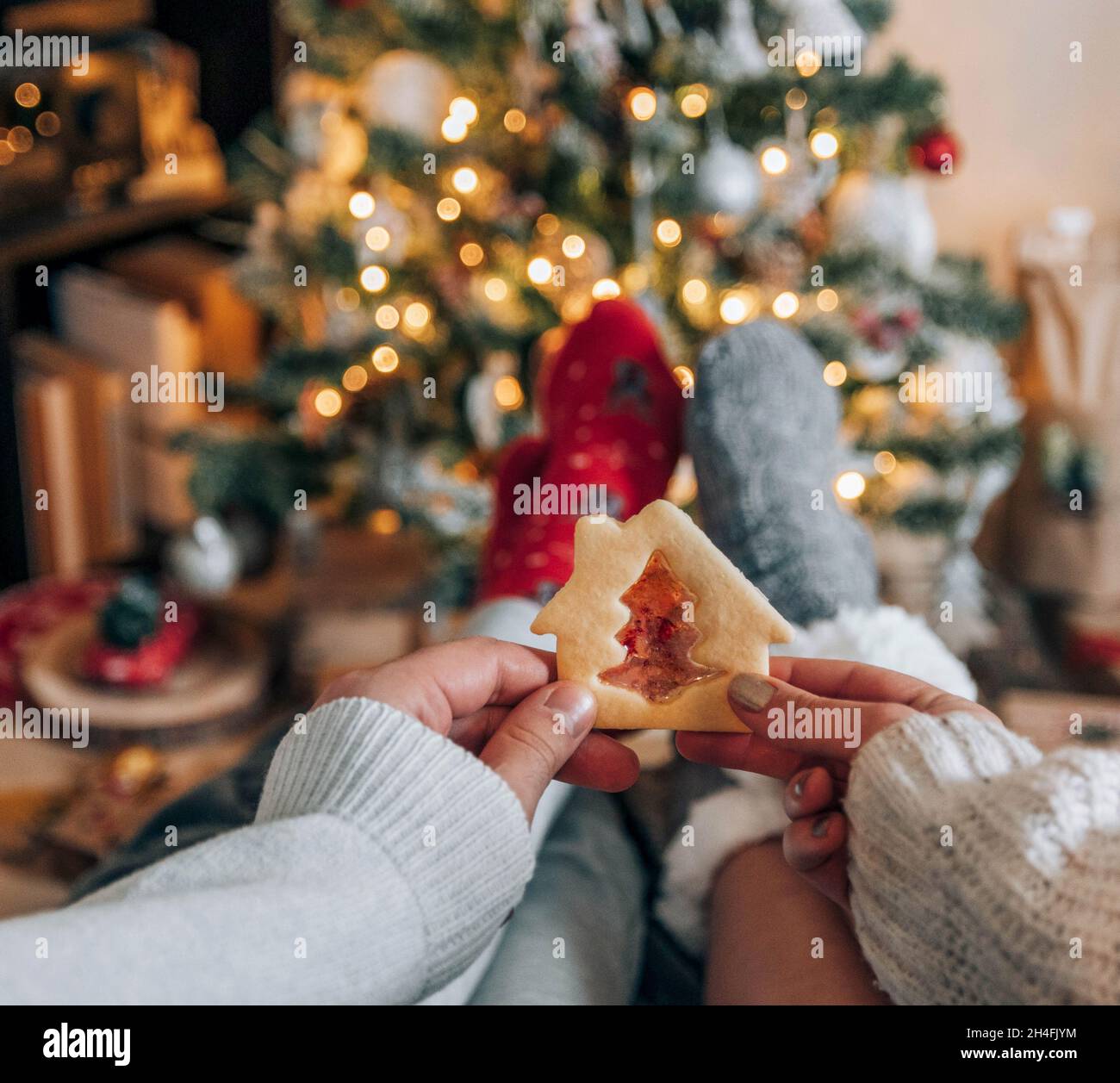 Perspective personnelle d'un couple tenant un cookie devant un arbre de Noël décoré. Banque D'Images