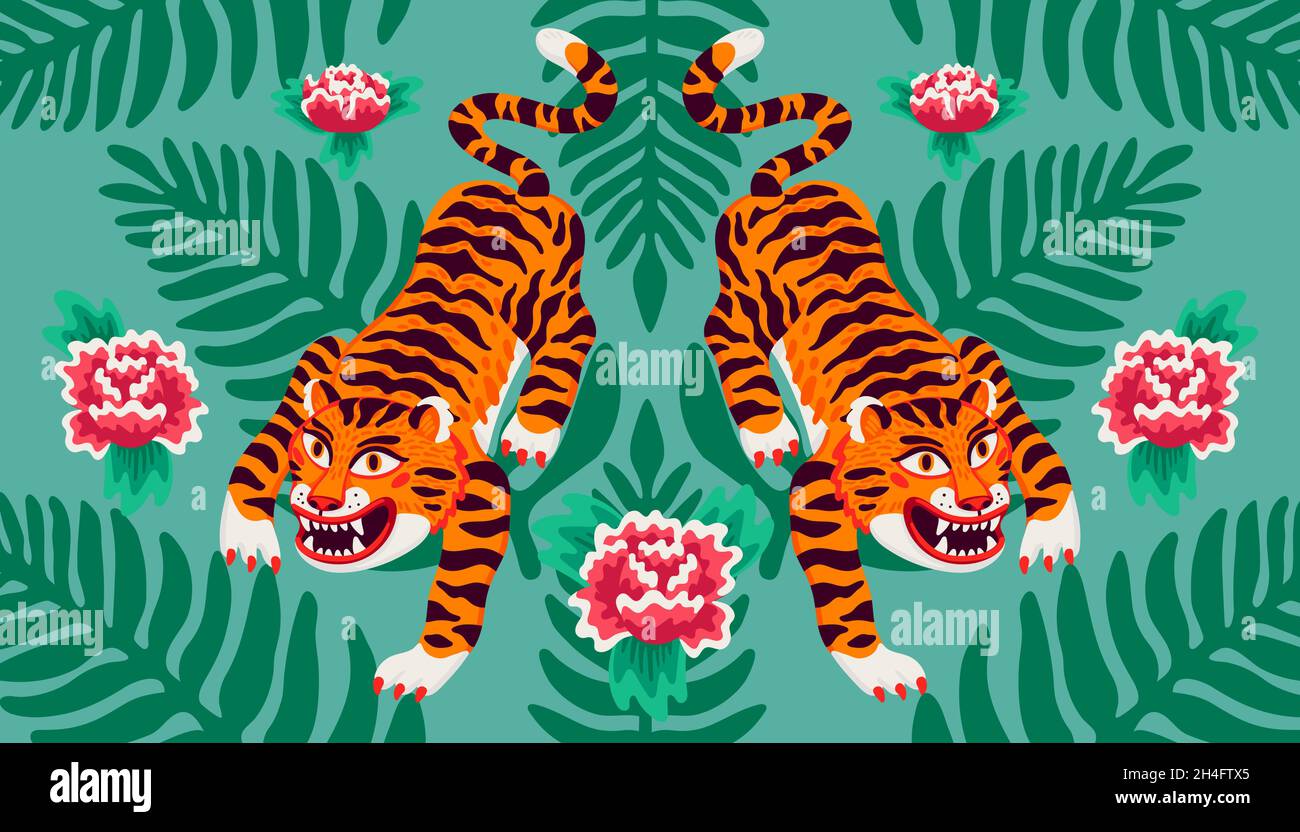 Composition symétrique du tigre asiatique, tigres vectoriels, feuilles et fleurs de palmier dans le style de dessin animé asiatique.Illustration vectorielle de style plat organique. Illustration de Vecteur
