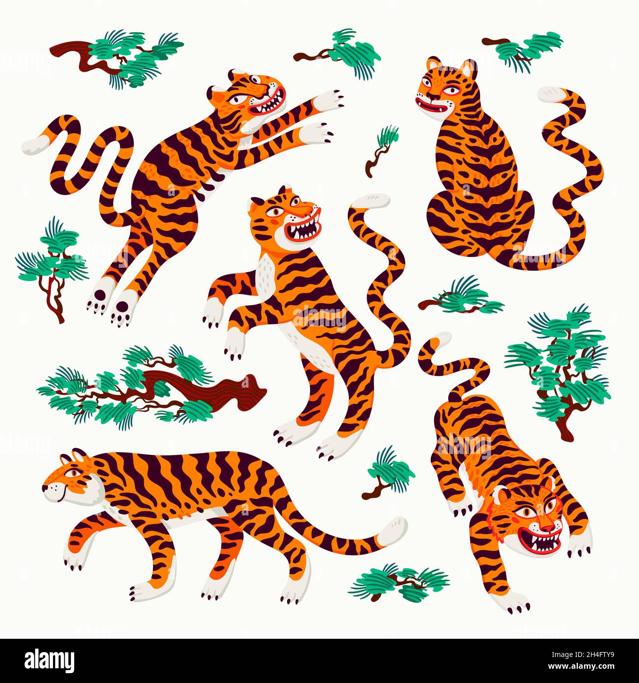 Ensemble de vecteur de tigre, tigres dans diverses poses et branches de pin japonais dans le style de dessin animé asiatique.Illustration vectorielle de style plat organique. Illustration de Vecteur