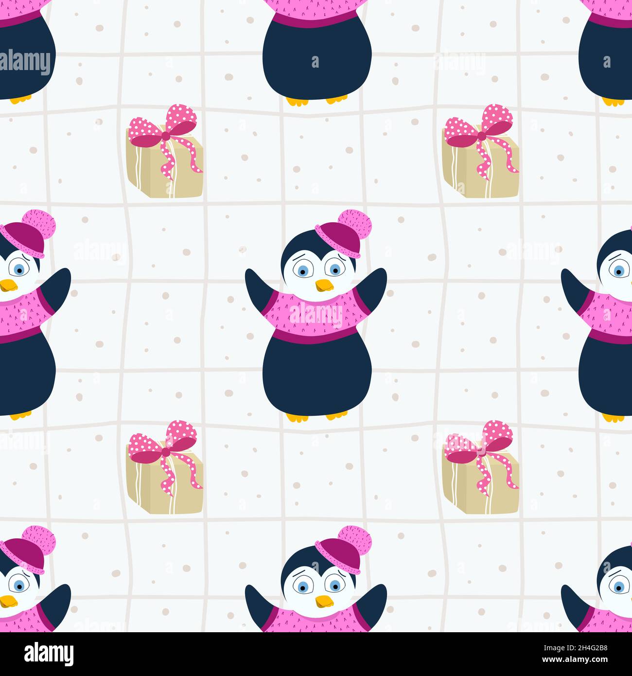 Motif vectoriel sans couture nouvel an avec joli pingouin et boîtes avec cadeaux.Motif de Noël Illustration de Vecteur