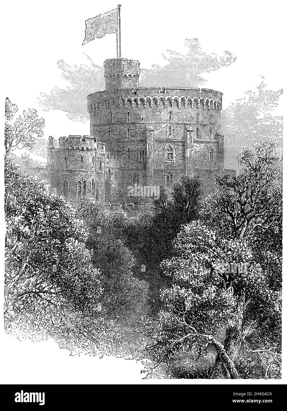 1887 gravure ancienne de la tour ronde au château de Windsor dans le Berkshire, en Angleterre. Banque D'Images