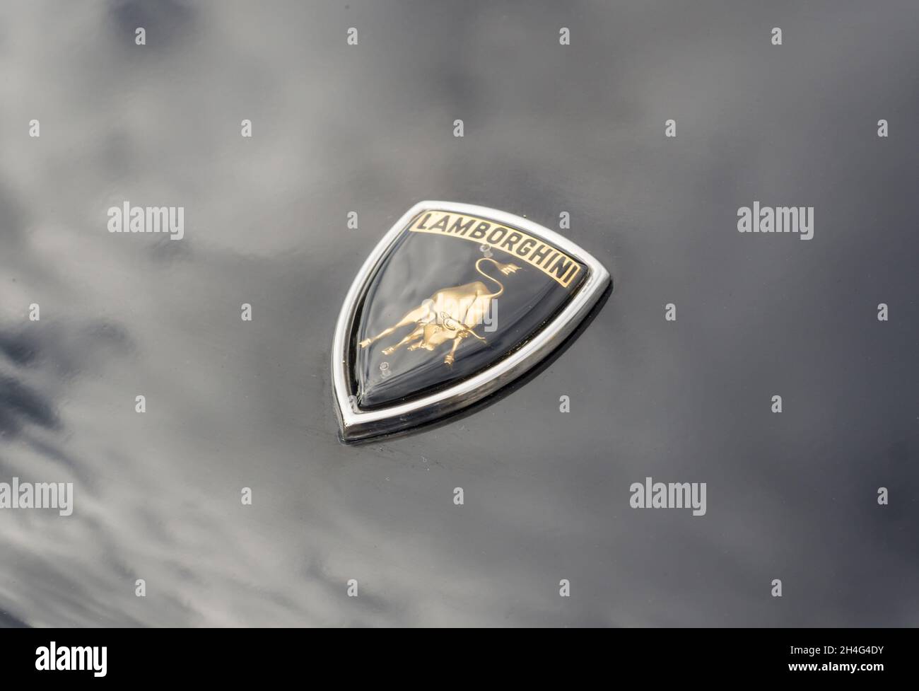 Gros plan de l'emblème du logo sur le devant d'une Lamborghini Countach LP5000 Quattrovalvole sport super voiture noire Banque D'Images
