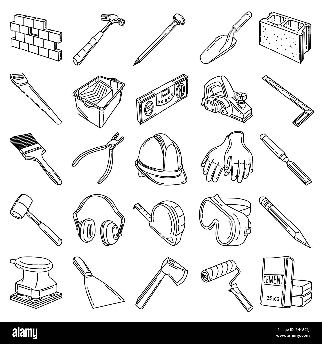 Ensemble d'icônes dessinées à la main pour accessoires et équipement de l'entrepreneur. Illustration de Vecteur