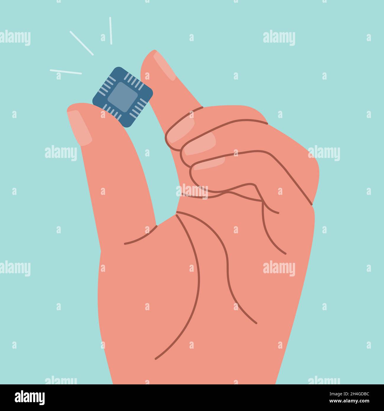 La main humaine tient la puce d'ordinateur.Concept de pénurie mondiale de micropuces pour l'électronique et les voitures.Illustration vectorielle plate. Illustration de Vecteur