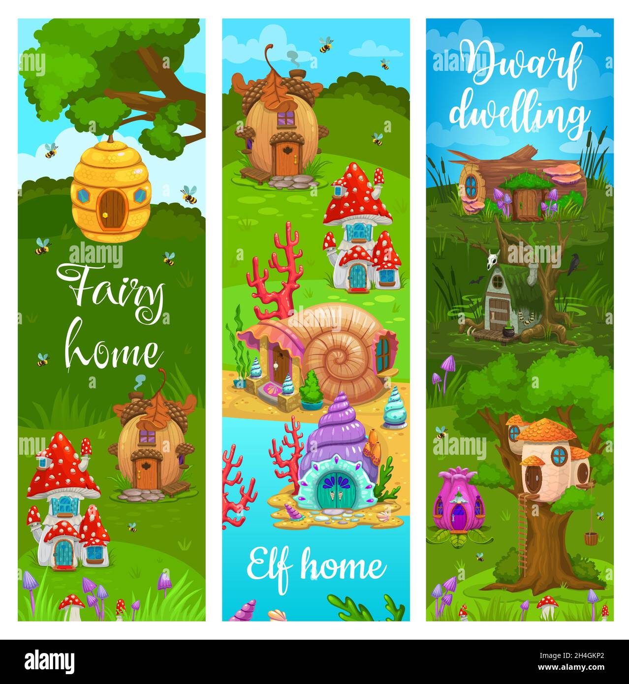 Habitations et maisons de dessins animés nains, elfes et fées.Bannières vectorielles avec des bâtiments de fantaisie acorn, souche, , champignon, ruche d'abeille et arbre log, coquille d'escargot Illustration de Vecteur