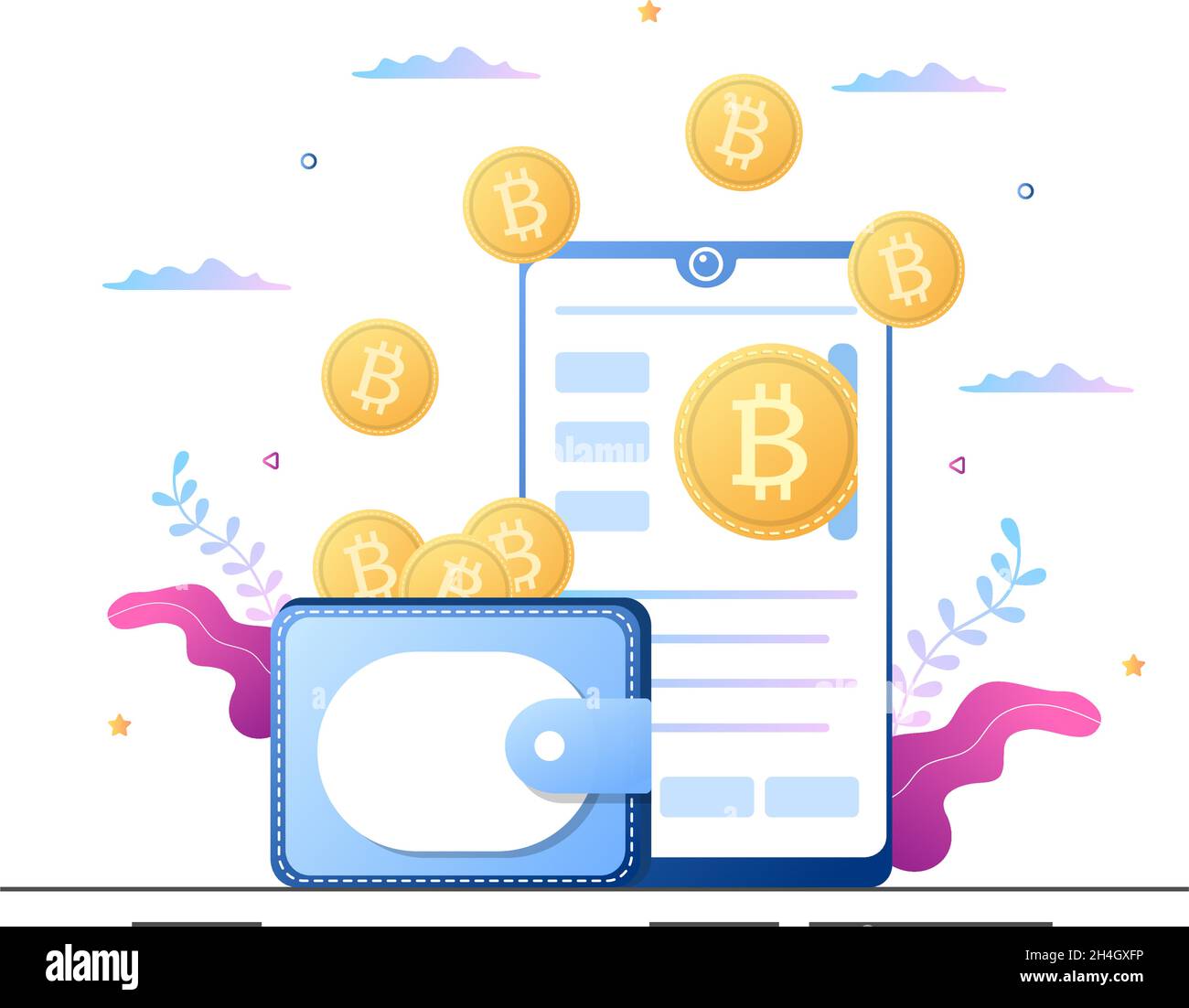 Application portefeuille crypto-monnaie sur Mobile de technologie blockchain, Bitcoin, marché monétaire, Altcoins ou Finance Exchange avec carte de crédit dans un vecteur plat Illustration de Vecteur