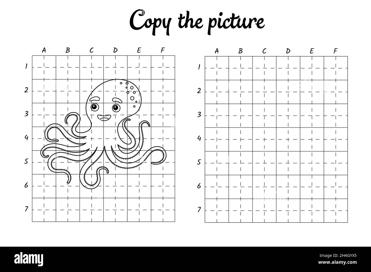 Copiez la photo.Dessiner par grille.Pages de livre de coloriage pour les enfants.Pratique de l'écriture manuscrite, formation aux techniques de dessin.Formation élaboration d'une feuille de travail imprimable. Illustration de Vecteur