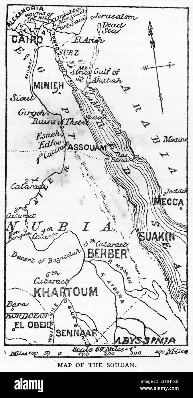 Carte gravée de Khartoum au moment du siège du général Gordon Banque D'Images