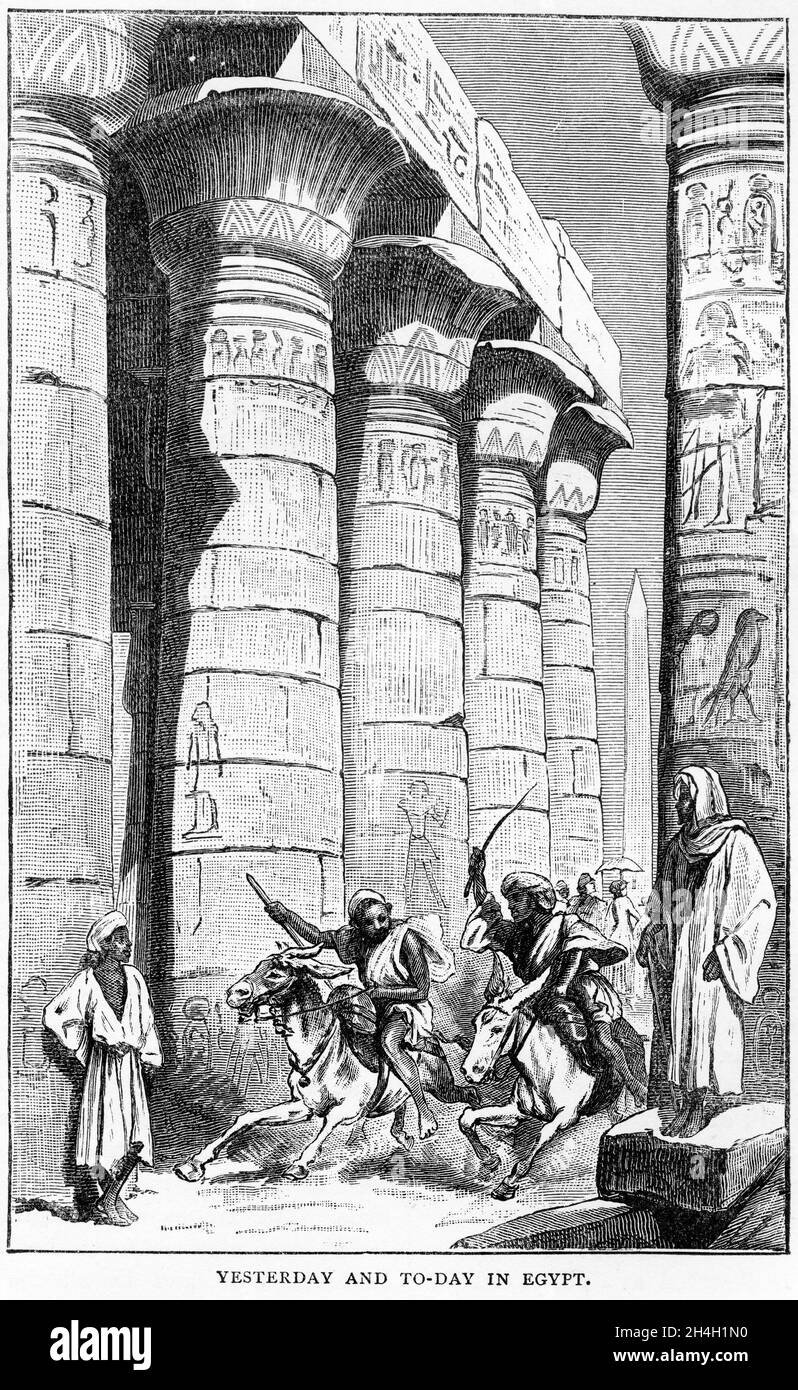 Gravure de deux jeunes hommes faisant la course de leurs ânes à travers les ruines de l'Égypte ancienne, d'une publication vers 1890 Banque D'Images