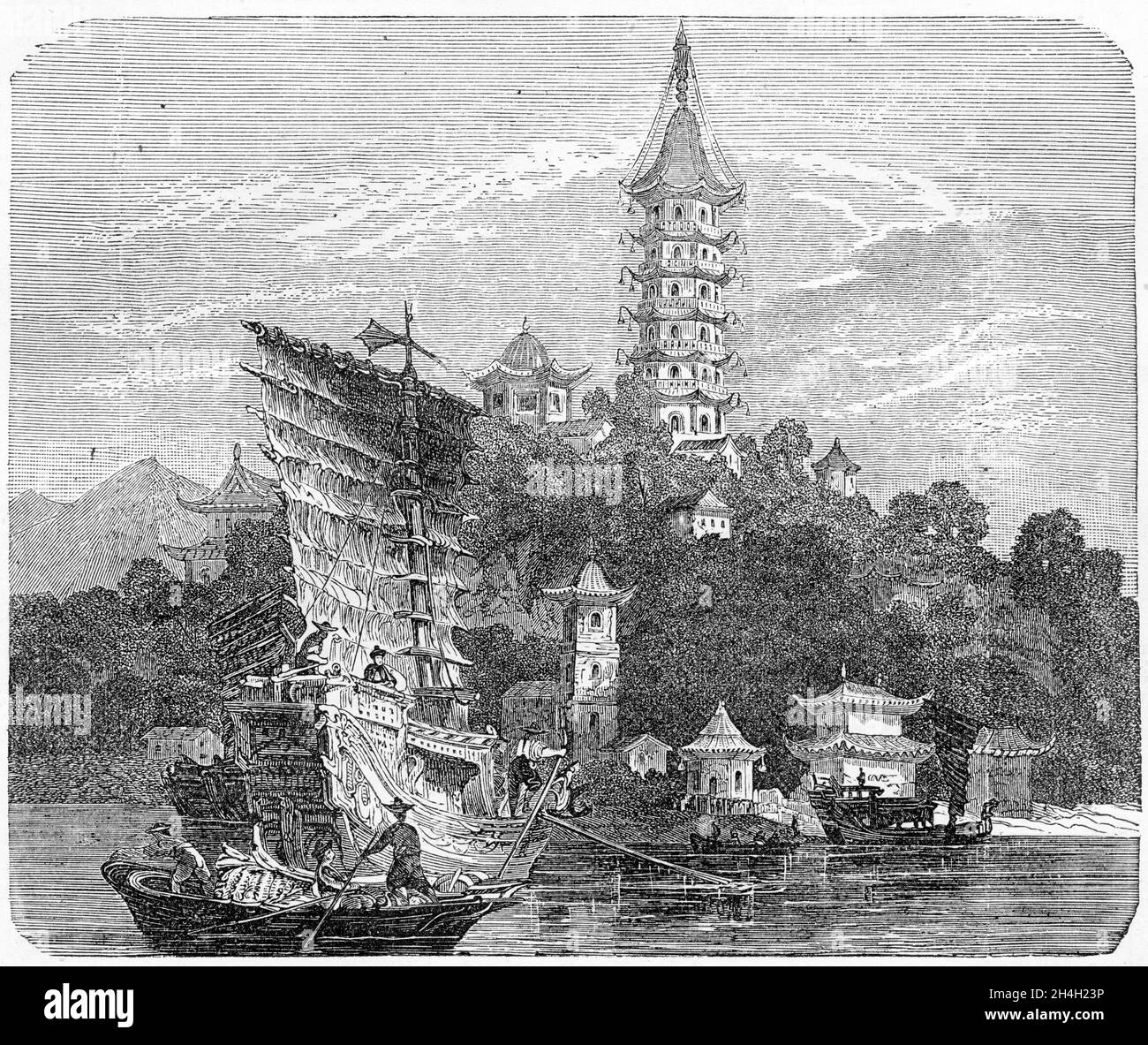 Gravure d'une vue sur le canal impérial, Chine, vers 1860 Banque D'Images