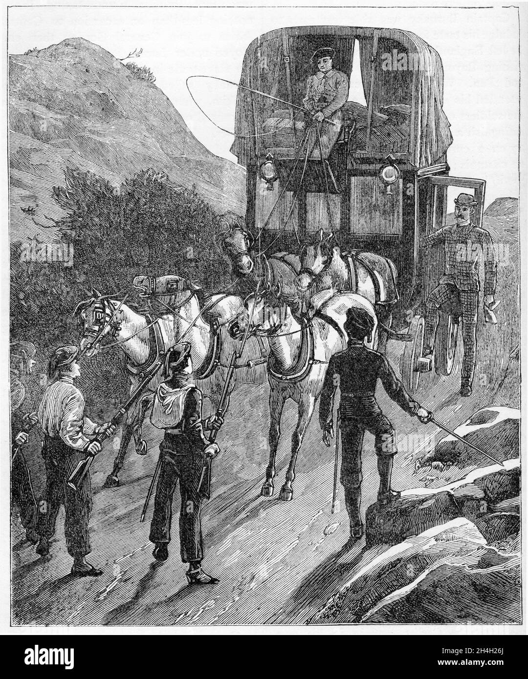 Gravure du colonel Frederick Gustavus Burnaby détenu par un avant-poste de Carlist, d'une publication vers 1880 Banque D'Images Gravure du colonel Frederick Gustavus Burnaby détenu par un avant-poste de Carlist, d'une publication vers 1880 Banque D'Images
