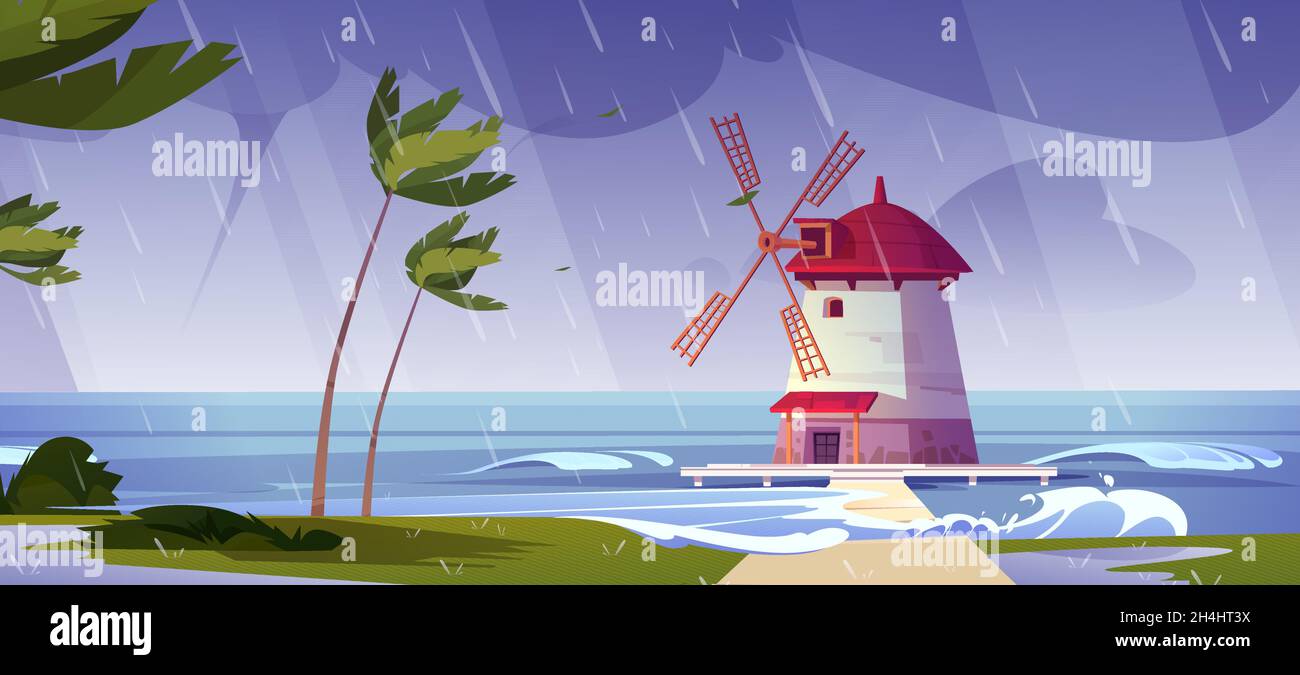 Moulin à vent de phare sur la mer à la tempête, bâtiment de moulin à vent de balise à la nature paysage de l'océan avec vagues d'eau éclaboussantes et palmiers pliés sous ciel nuageux terne et pluie, illustration vectorielle de Cartoon Illustration de Vecteur