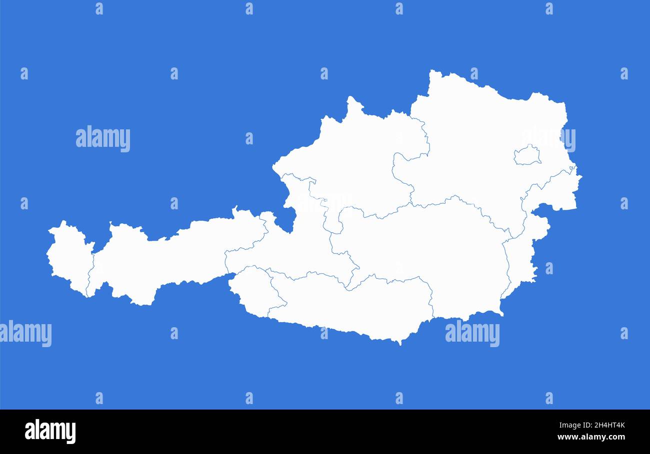 Carte de l'Autriche, divisions administratives, fond bleu, vierge Banque D'Images