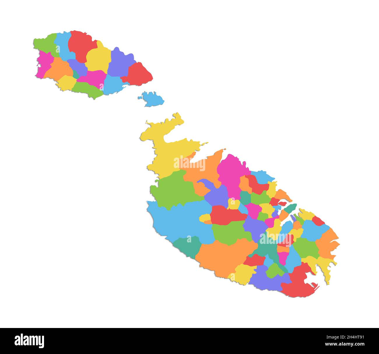 Carte de Malte, division administrative, régions individuelles séparées, carte couleur isolée sur fond blanc, vierge Banque D'Images
