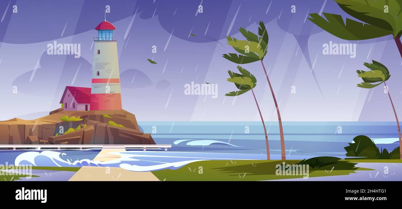 Phare sur la rive de la mer à la tempête, bâtiment phare à la catastrophe nature paysage de l'océan avec la pluie, vagues d'eau éclaboussantes et palmiers tordus sur la côte sous ciel nuageux terne illustration vectorielle de dessin animé Illustration de Vecteur