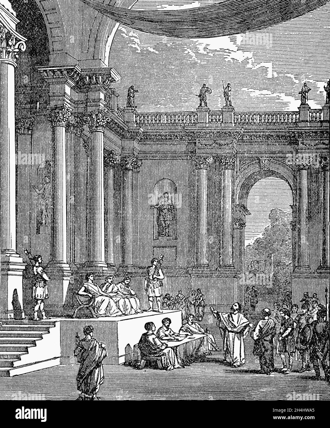 Illustration de la fin du XIXe siècle d'un Hall romain de Justice.À l'origine, des tribunaux ont été tenus à divers endroits du Forum romain, y compris le Comitium, la région où se sont réunis les assemblées populaires et où ont été tenues les affaires d'appel.Au 1er siècle av. J.-C., Julius Caesar a placé tous les tribunaux sous un même toit en construisant une basilique, un bâtiment public où les affaires publiques et administratives ont été menées.La nef centrale de la basilique Julia, appelée d'après sa famille, a été divisée en quatre tribunaux par des rideaux. Banque D'Images