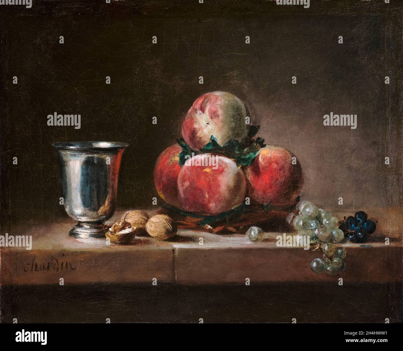 Jean Baptiste Siméon Chardin, Still Life with Peaches, un gobelet d'argent, raisins et noix, peinture, 1759-1760 Banque D'Images