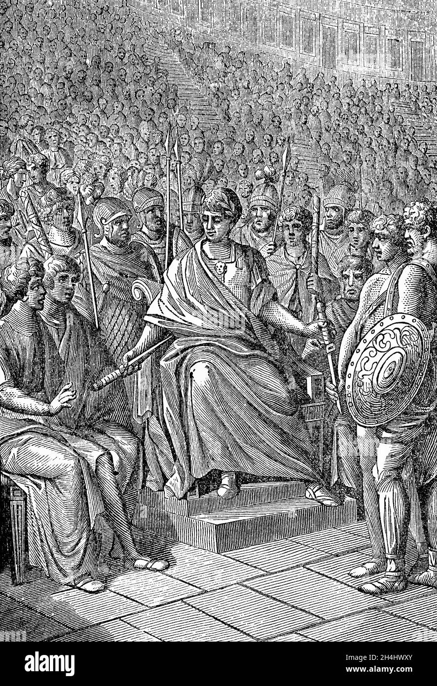 Illustration de Flavius Honorius (384-423), empereur romain de 393 à 423, à la fin du XIXe siècle, il termine le combat de gladiateurs.Il était le plus jeune fils de l'empereur Théodosius I et sa première femme Aelia Flaccila.En 410, pendant le règne de Honoreus sur l'Empire romain occidental, Rome fut mise à pied pour la première fois en près de 800 ans. Banque D'Images