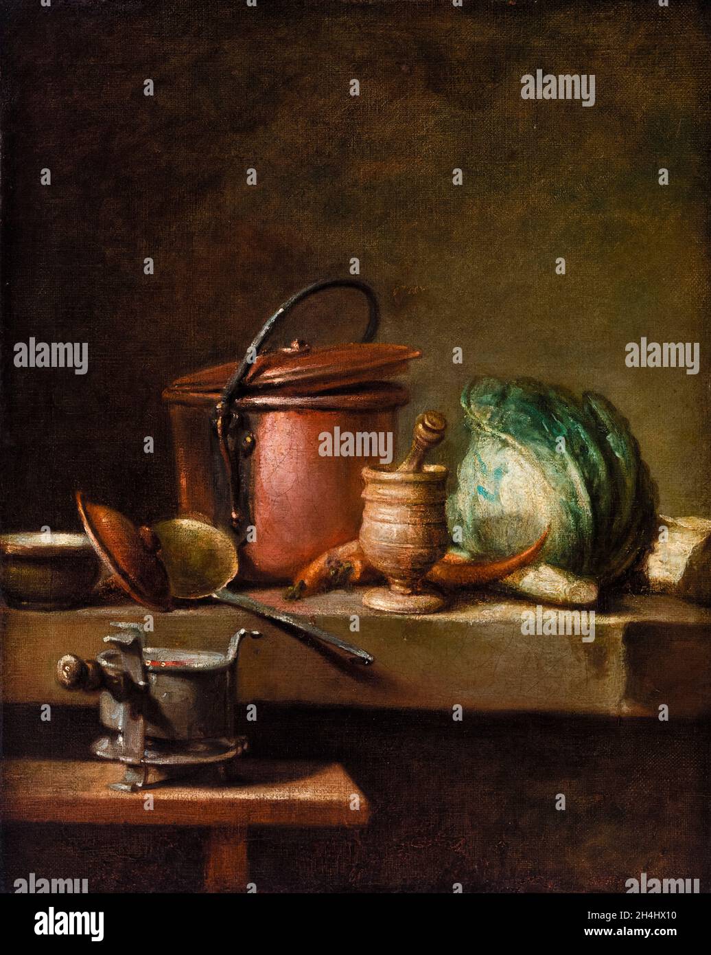 Jean Baptiste Siméon Chardin, Still Life with Copper Pot, Cabbage, pilon et poêle, peinture, 1732-1740 Banque D'Images