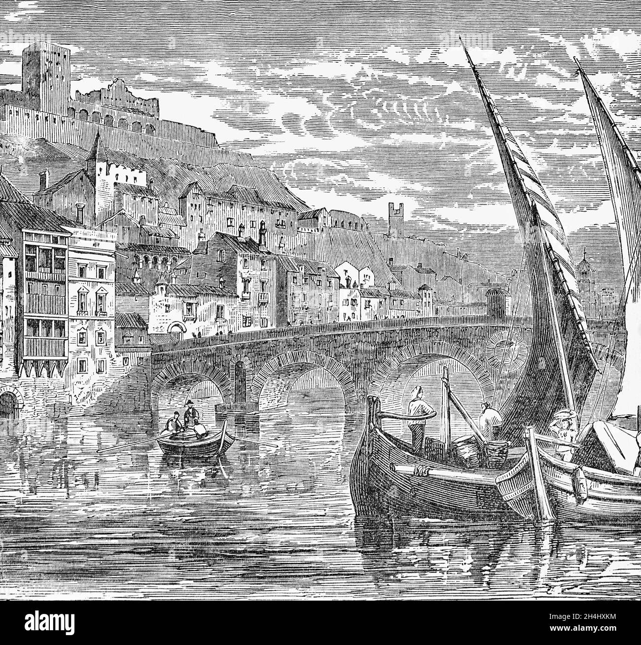 Illustration de bateaux de la fin du XIXe siècle sur l'Adige qui traverse Vérone, une ville de Vénétie, en Italie.En 1164, Vérone s'est jointe à Vicenza, Padoue et Trévise pour créer la Ligue veronaise, qui s'est intégrée à la Ligue Lombard en 1167 pour lutter contre Frederick I Barbarossa.La victoire fut obtenue à la bataille de Legnano en 1176, et le Traité de Venise signé en 1177, suivi de la paix de Constance en 1183.Il est également devenu l'emplacement de la pièce de William Shakespeare 'Romeo et Juliette'. Banque D'Images