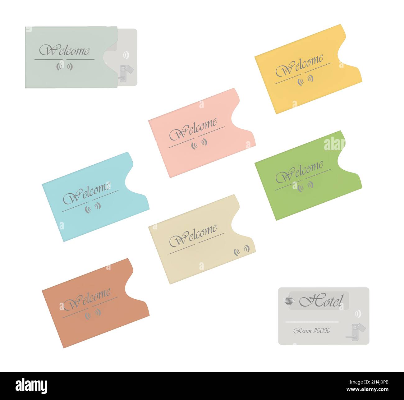 Carte-clé RFID de l'hôtel avec porte-cartes de couleur isolés sur fond blanc.Enveloppes en papier couleurs.Modèle vectoriel Illustration de Vecteur