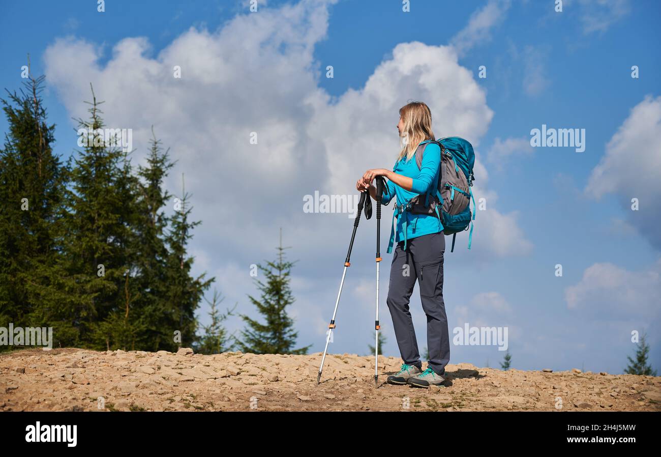 Jeune femme voyageur avec sac à dos et bâtons de randonnée debout sur le bord de la route de pierre.Femme randonneur regardant le beau pin vert près d'elle sur fond de nuages blancs sur ciel bleu. Banque D'Images