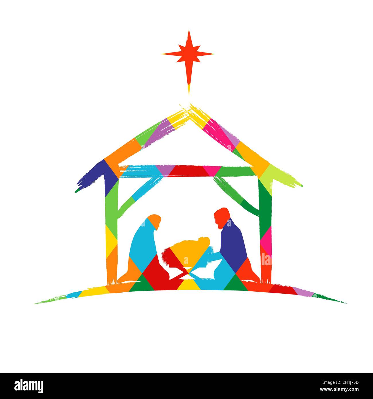 Scène de Nativité silhouette colorée de la facette Jésus dans le mangeur et l'étoile.Histoire de Noël Marie, Joseph et naissance de bébé Christ.Vecteur coloré en vitrail Illustration de Vecteur