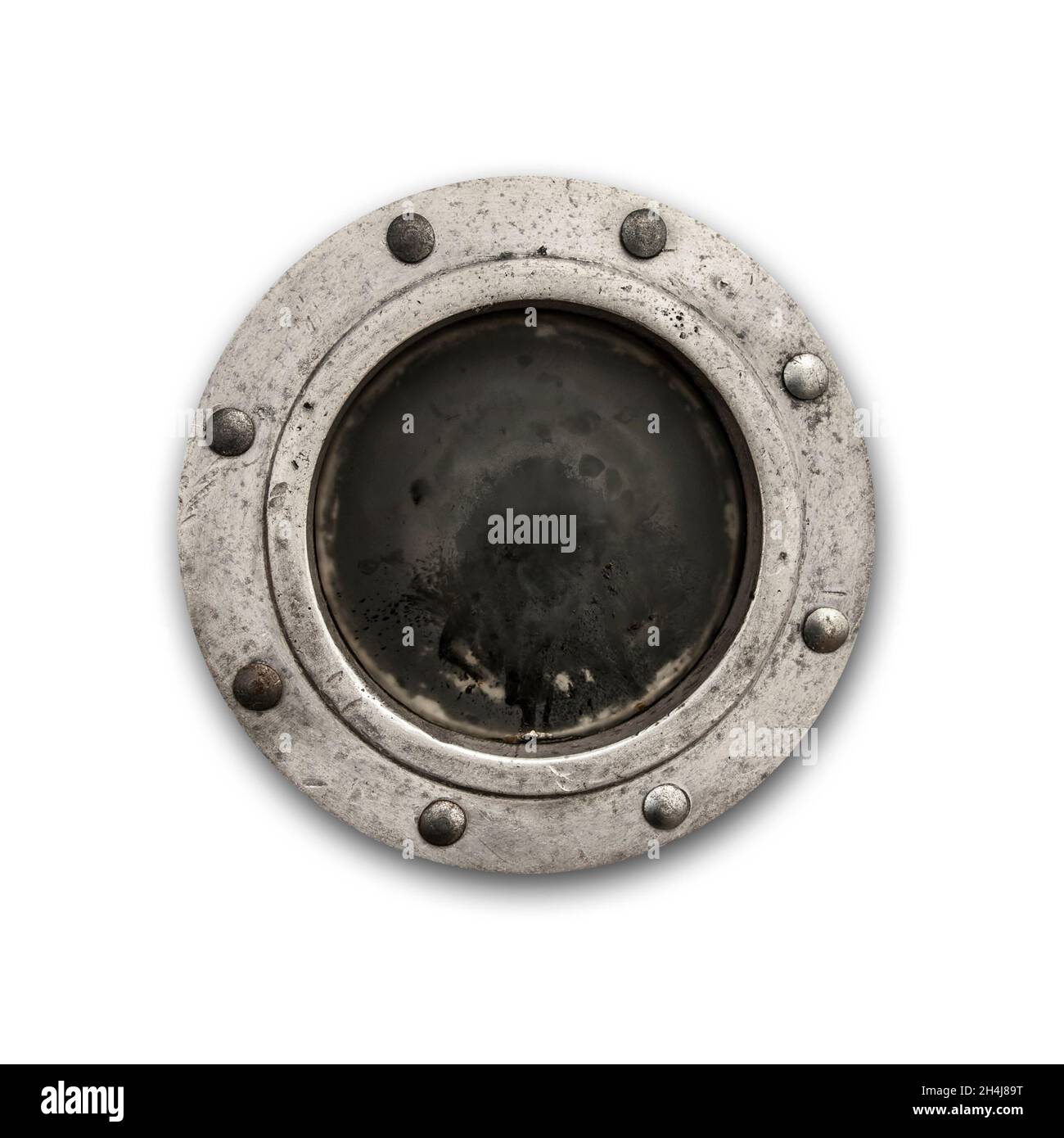 Hublot rond de navire rouillé isolé sur blanc.Masque inclus. Banque D'Images Hublot rond de navire rouillé isolé sur blanc.Masque inclus. Banque D'Images