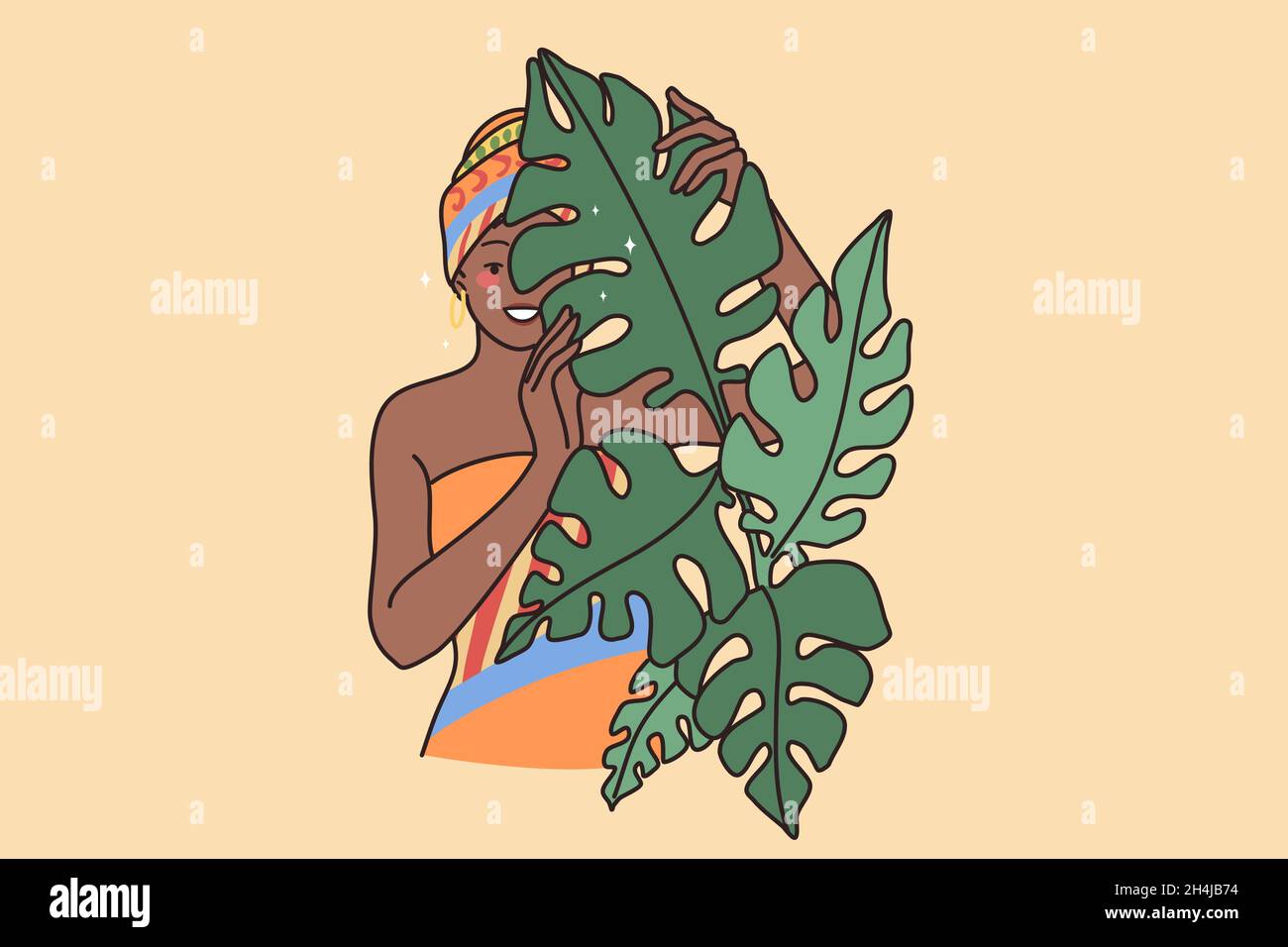 Jeune femme afro-américaine souriante vêtue de vêtements traditionnels et de turban.Bonne fille noire avec foulard sur la tête regarder derrière les feuilles des arbres.Appartenance ethnique et diversité.Illustration vectorielle plate. Illustration de Vecteur