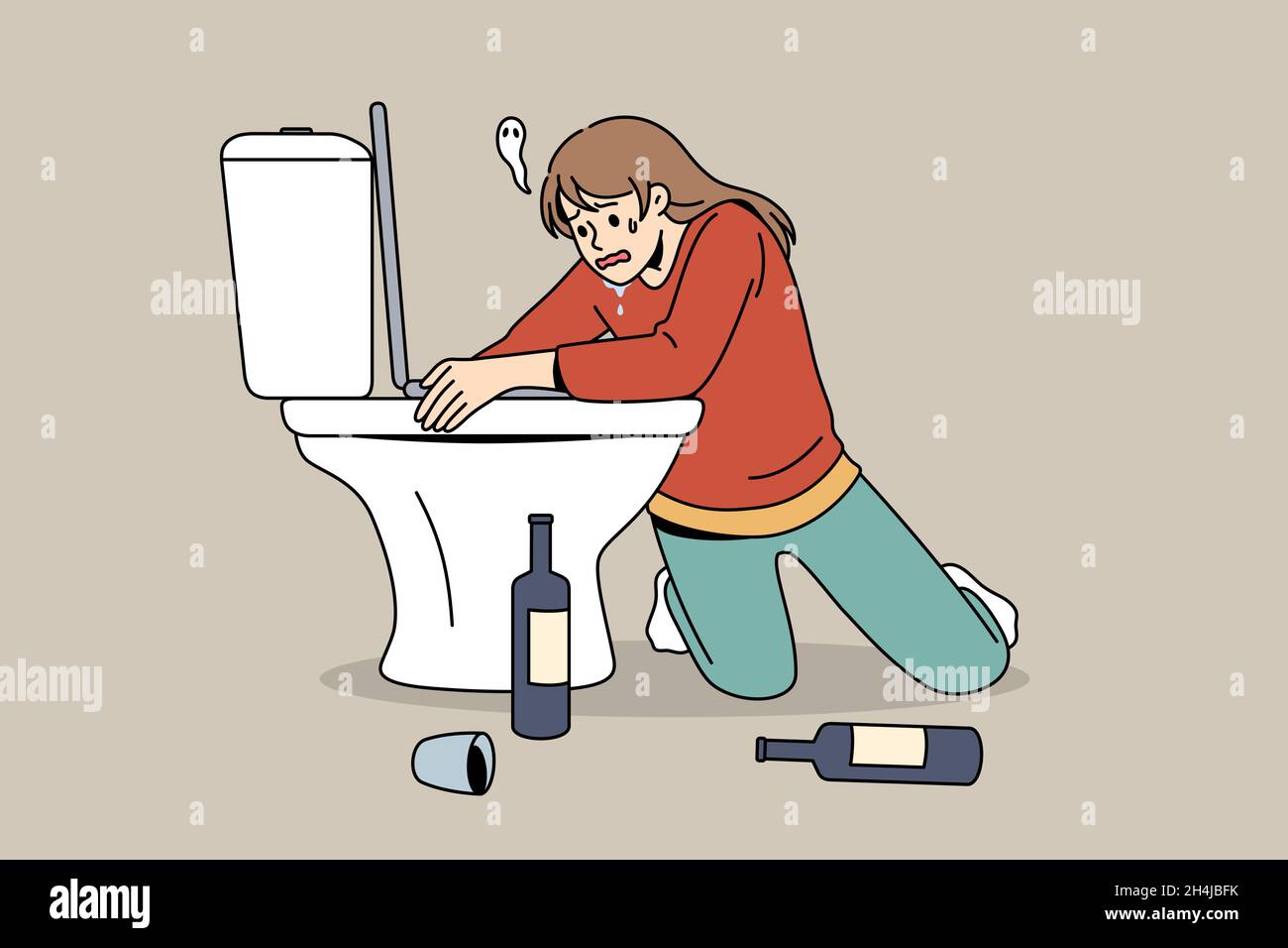 Avoir la gueule de bois après la fête concept.Jeune femme personnage de dessin animé assis sur les genoux embrassant la toilette avec des bouteilles de vin debout sur le sol sentant malade illustration vectorielle Illustration de Vecteur