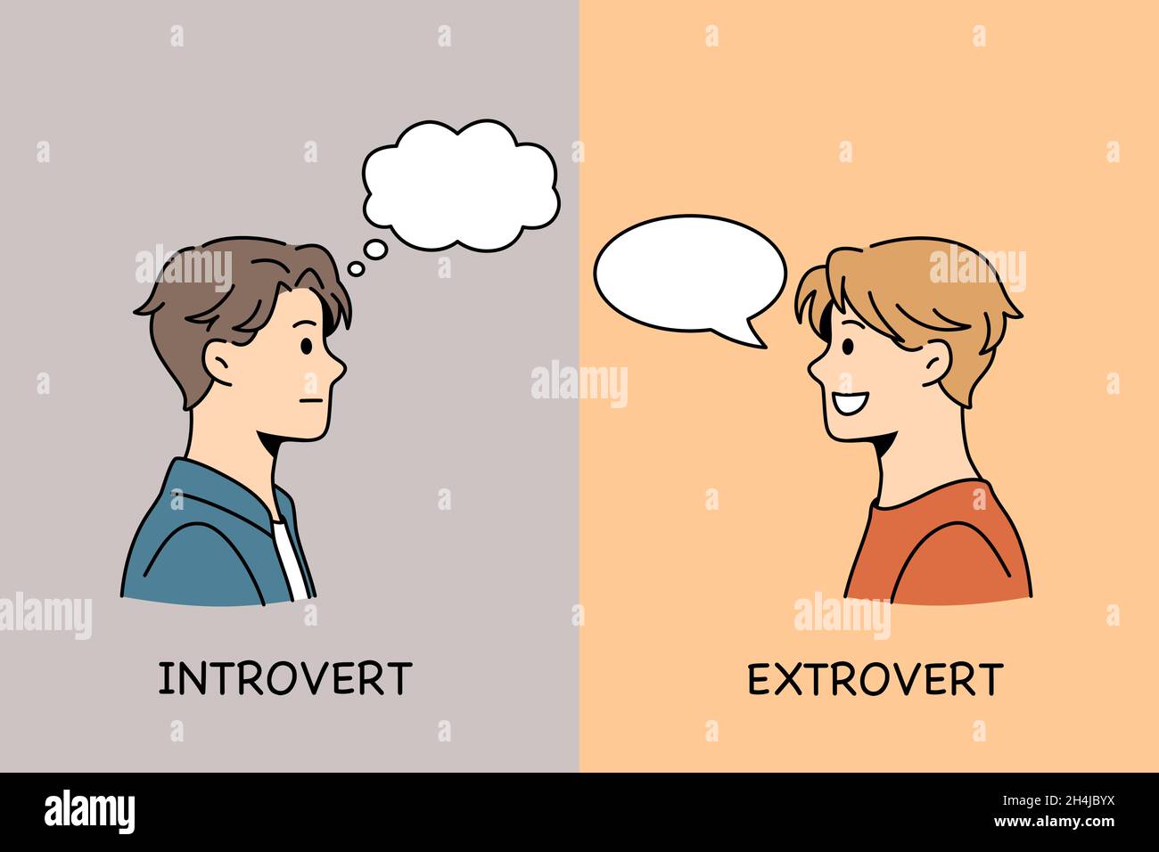 Être introvert ou extrovert concept.Jeune garçon sérieux introvert et garçon souriant extrovert debout l'un en face de l'autre avec l'illustration vectorielle lettering Illustration de Vecteur