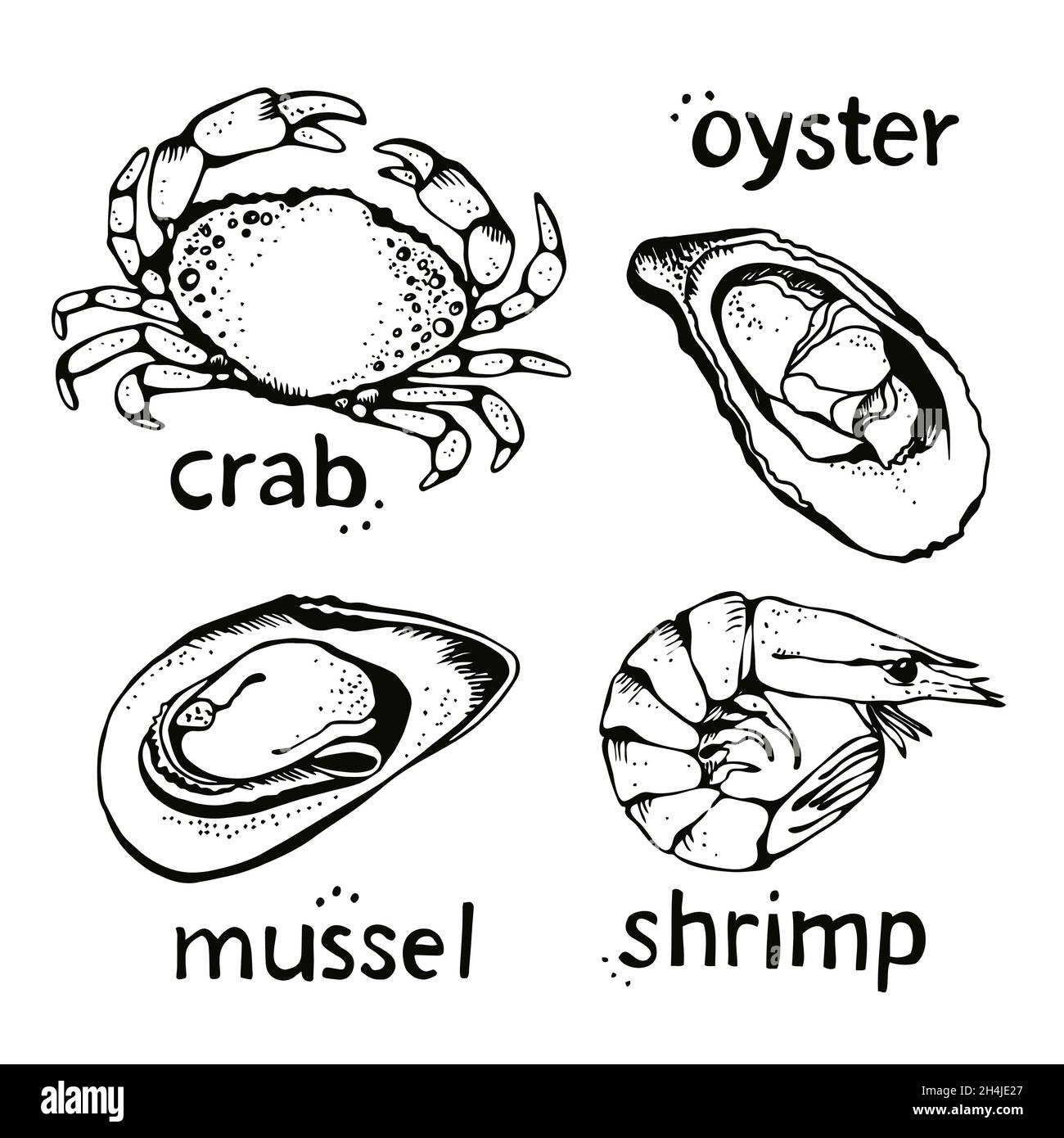 Ensemble d'illustrations vectorielles de fruits de mer, collection de croquis d'aliments marins dessinés à la main - éléments de menu de crabe, d'huître, de moule et de crevette Illustration de Vecteur