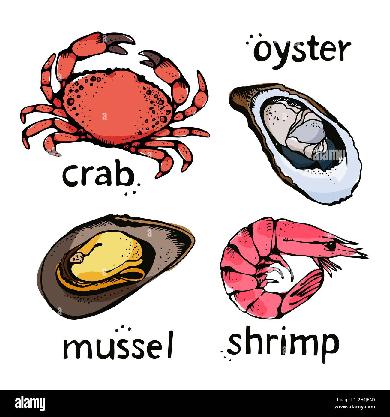 Ensemble d'illustrations vectorielles de fruits de mer, collection de croquis d'aliments marins dessinés à la main - éléments de menu de crabe, d'huître, de moule et de crevette Illustration de Vecteur