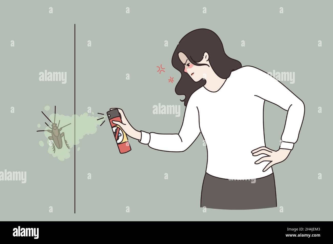 Une femme en colère utilise un insecticide en spray chimique tuer le cafard à la maison.Une femme folle malheureuse lutte avec des insectes insectes insectes insectes dans l'appartement.Lutte antiparasitaire, concept de désinfection.Illustration vectorielle plate. Illustration de Vecteur